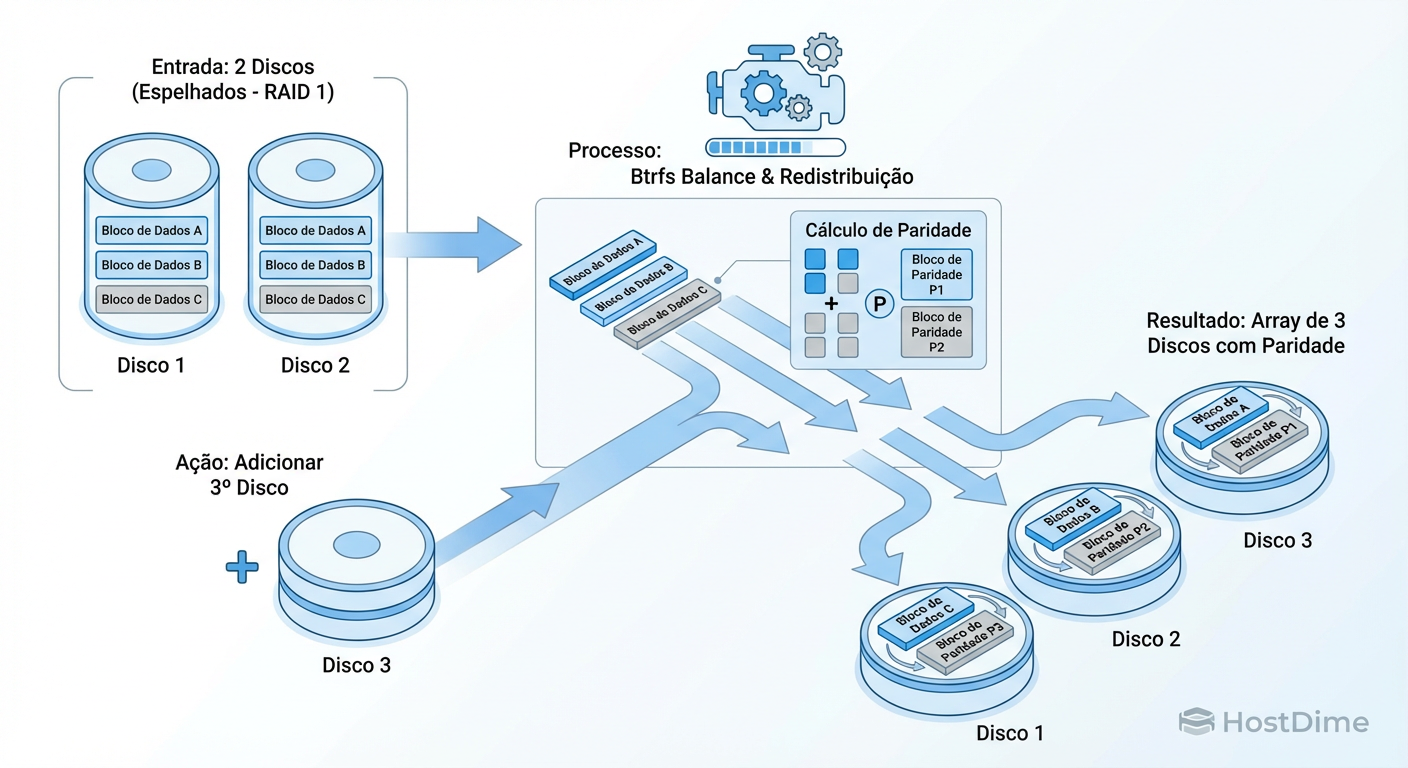 Fluxo da Conversão: O comando 'balance' lê os dados espelhados, calcula a paridade e grava as novas faixas (stripes) no layout de 3 discos.