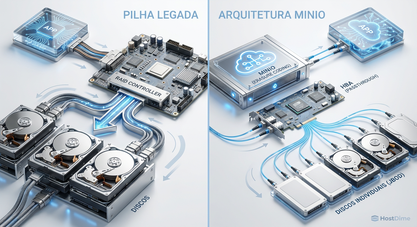 Legenda: A eliminação da camada de abstração do RAID permite que o MinIO gerencie a integridade dos dados diretamente no nível do objeto via Erasure Coding.
