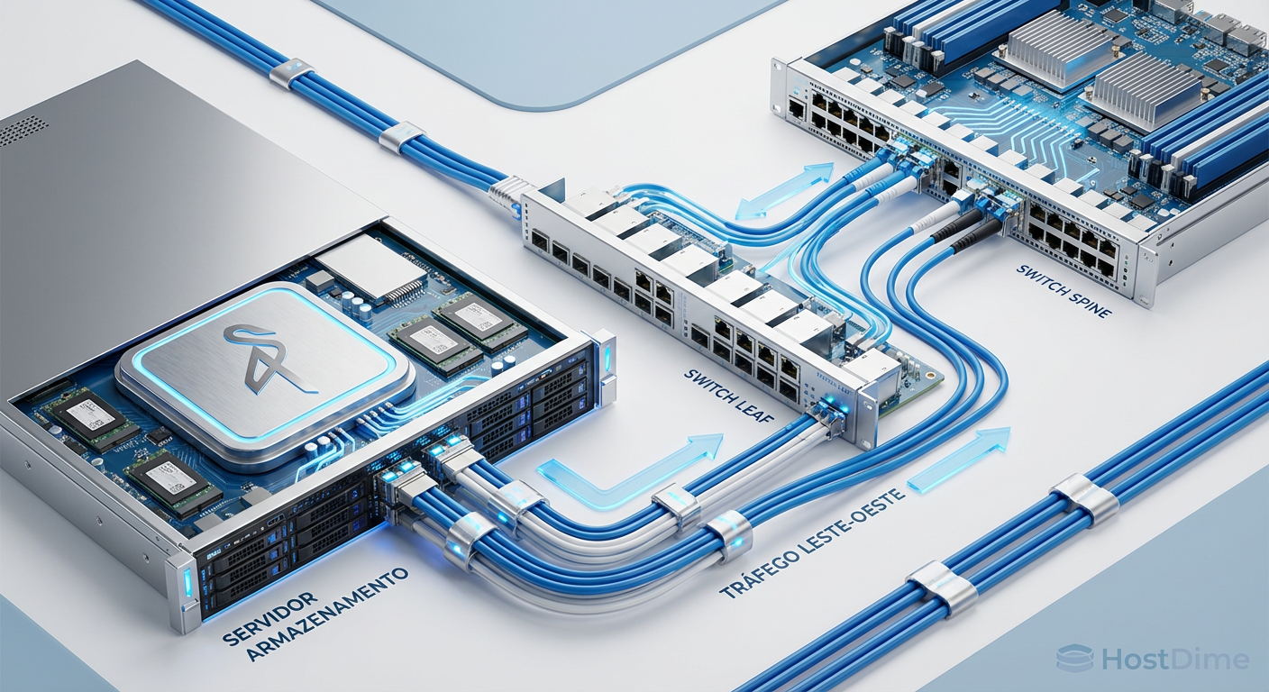 Legenda: Topologias Leaf-Spine minimizam o número de saltos (hops) entre nós do cluster, crucial para a fase de sincronização do Erasure Coding.