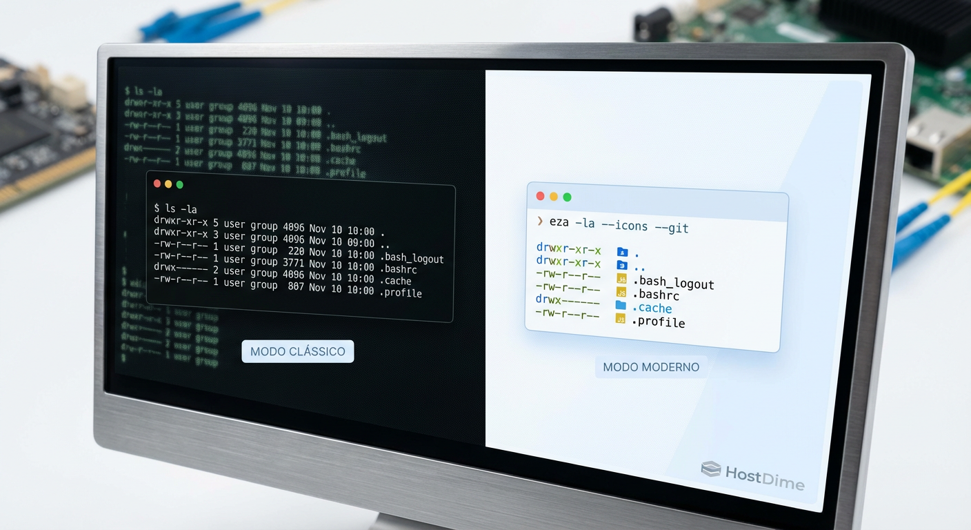 Comparativo visual: saída monocromática do comando ls versus a saída rica em informações e ícones do comando eza.
