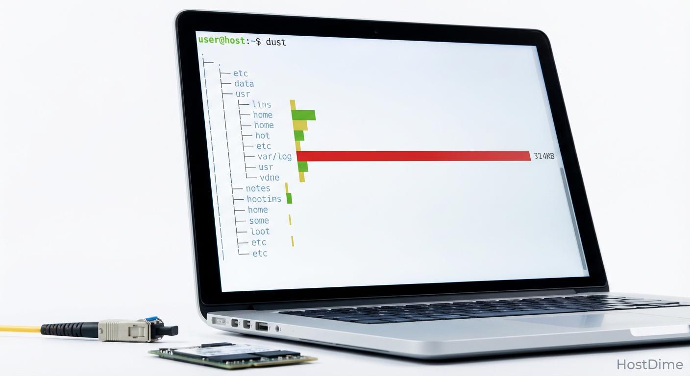 Visualização hierárquica de consumo de disco com o comando dust, destacando diretórios críticos com gráficos de barras ASCII.