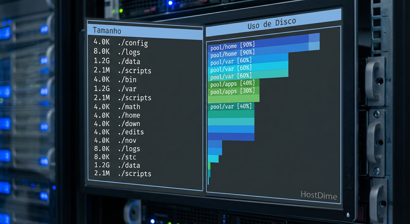 Comparativo visual: a lista textual do du versus a representação gráfica hierárquica do dust em um volume de dados.