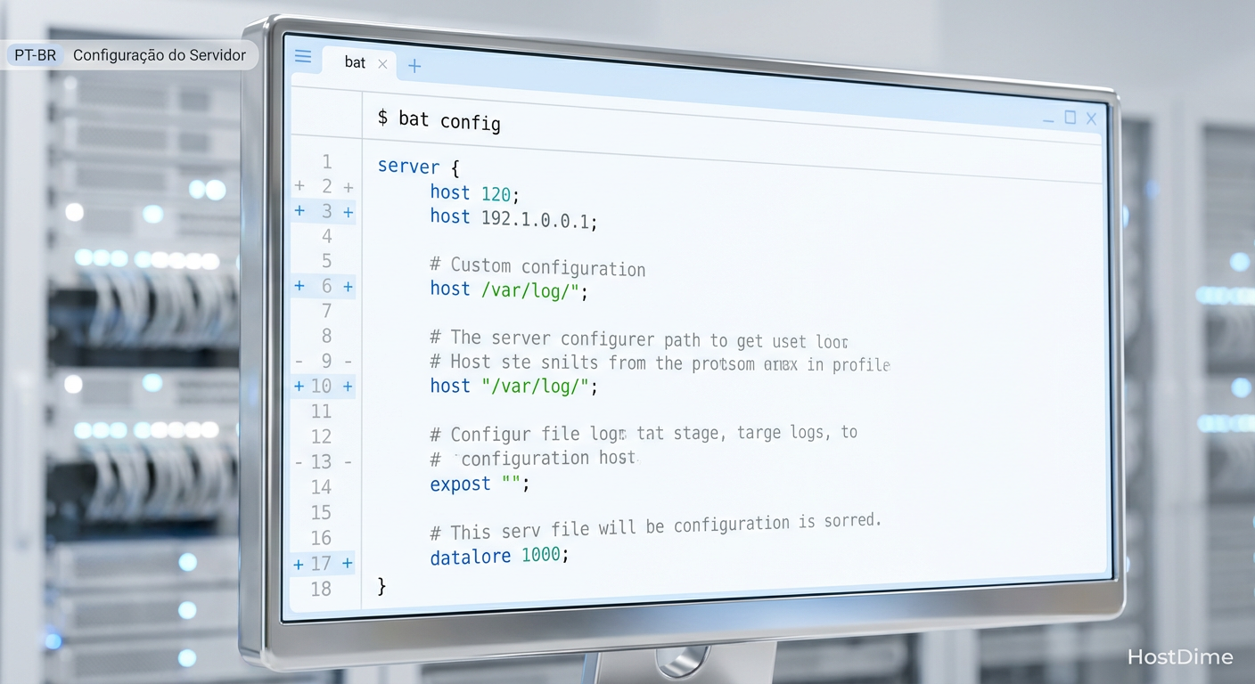 Visualização de um arquivo de configuração complexo aberto no bat, destacando a sintaxe colorida e a numeração de linhas que facilitam a depuração.
