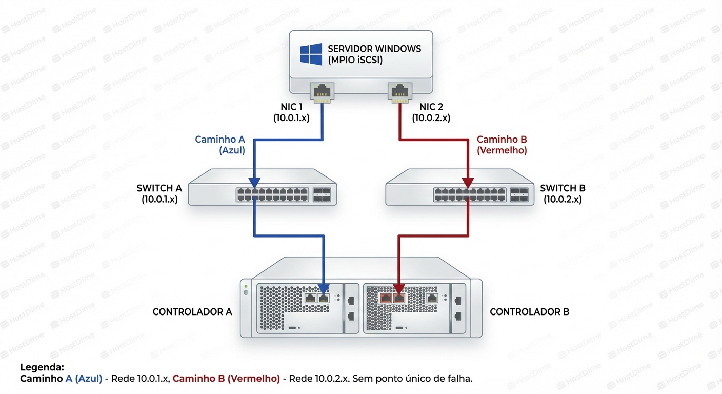 Topologia de Caminho Duplo Isolado: A segregação correta de sub-redes iSCSI para garantir que o MPIO gerencie falhas físicas reais, e não apenas lógicas.