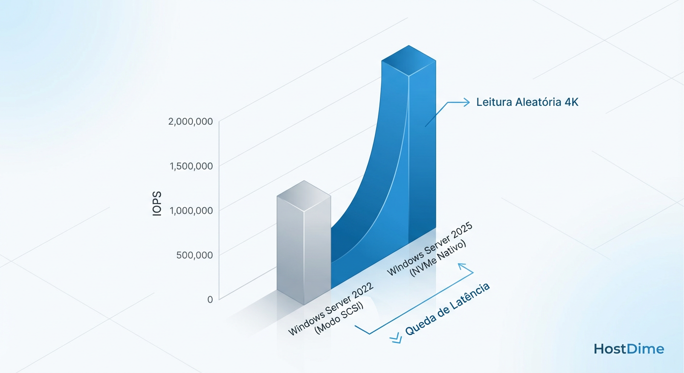 Resultados Sintéticos Esperados: Comparação de IOPS em leitura randômica 4K, ilustrando o impacto da remoção do overhead do Storport.
