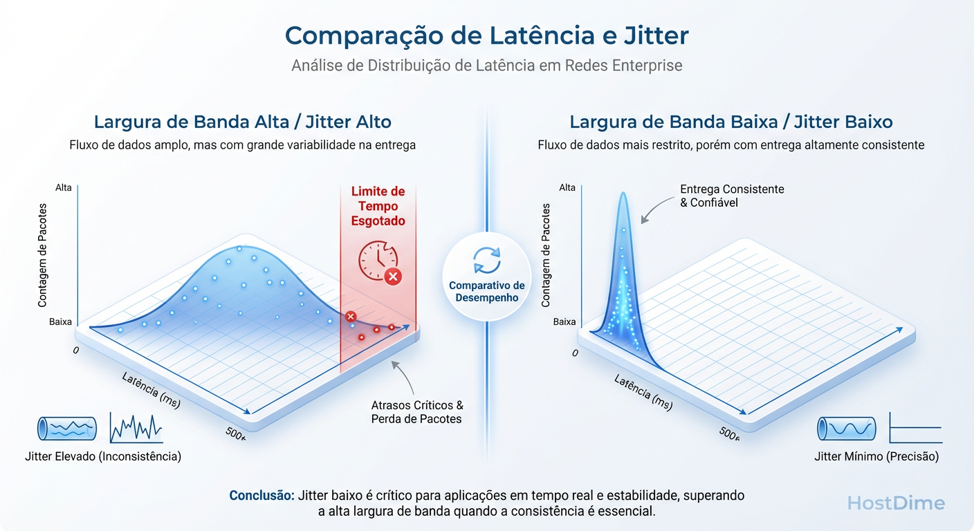 Figura 2: Distribuição de Latência (Histograma). A consistência (gráfico à direita) é preferível à velocidade média com alta variância (gráfico à esquerda), pois evita timeouts de aplicação.