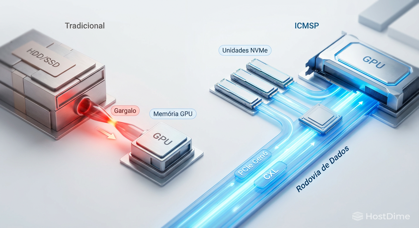 Comparação visual entre o gargalo tradicional de I/O e a nova arquitetura de fluxo direto proposta para IA Agente.