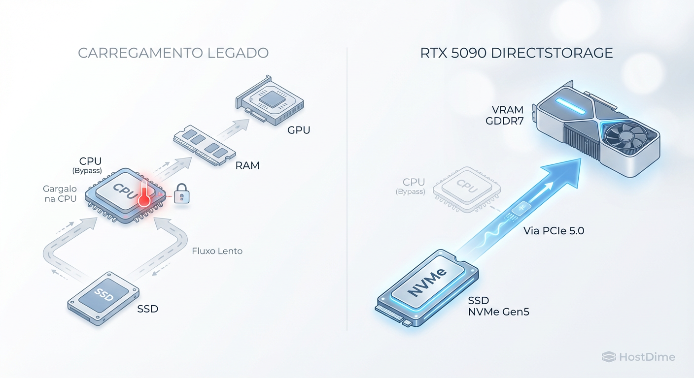 Fig. 1: O caminho crítico de dados. Com PCIe 5.0, a 5090 alinha a ingestão de dados à velocidade nativa dos SSDs modernos.