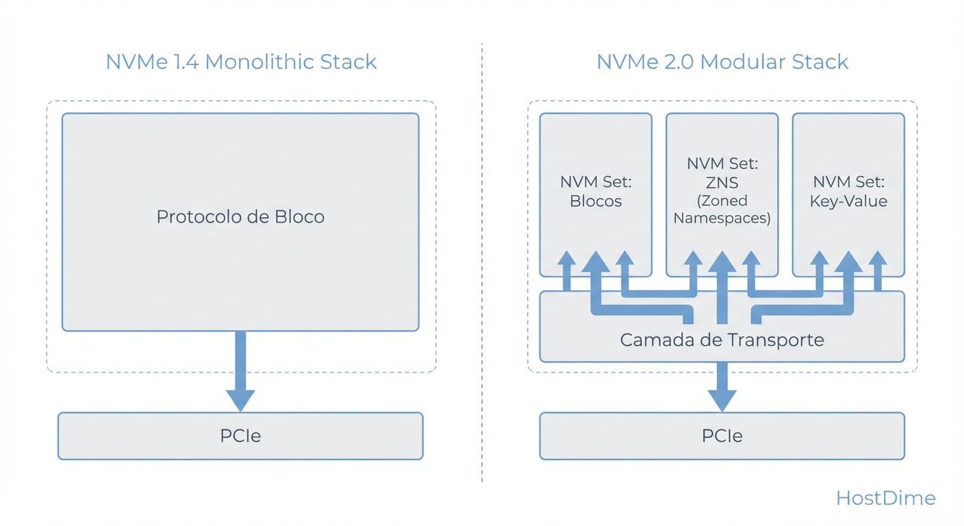 Fig. 1: A reestruturação da pilha de comandos no NVMe 2.0 permite tratar diferentes tipos de mídia (Flash, HDD, SCM) de forma nativa, sem camadas de tradução pesadas.