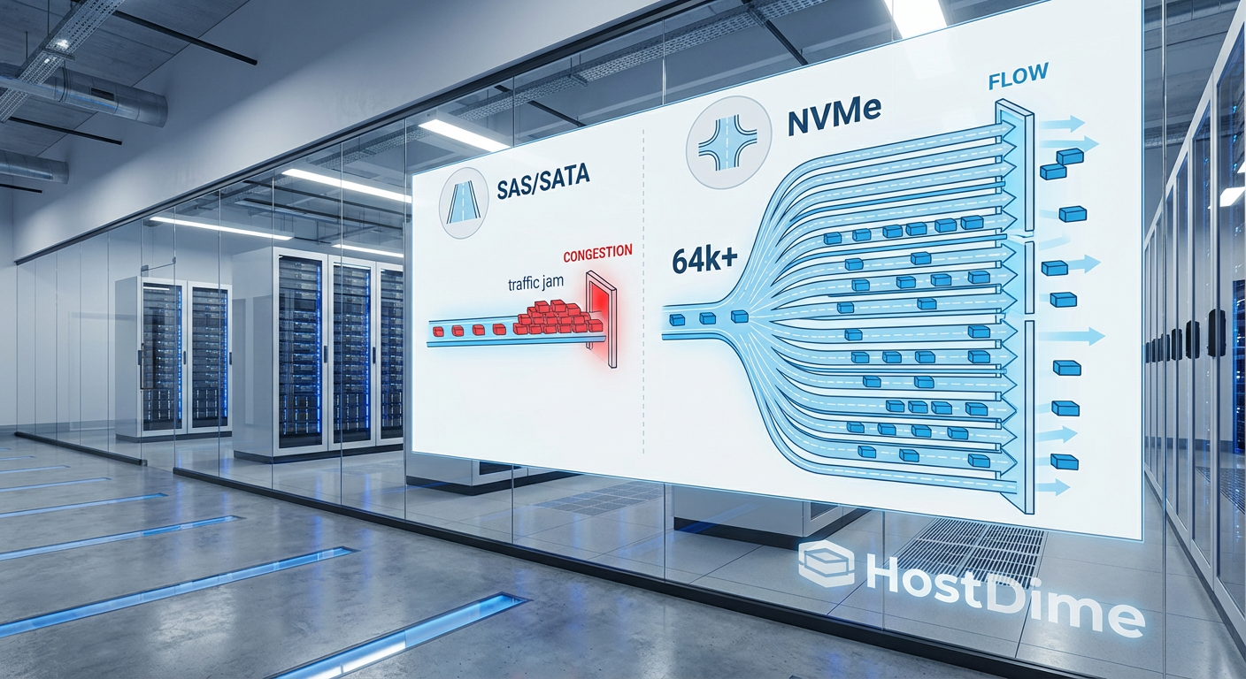 Comparativo visual: O gargalo da fila única do SAS versus o paralelismo massivo das filas NVMe.
