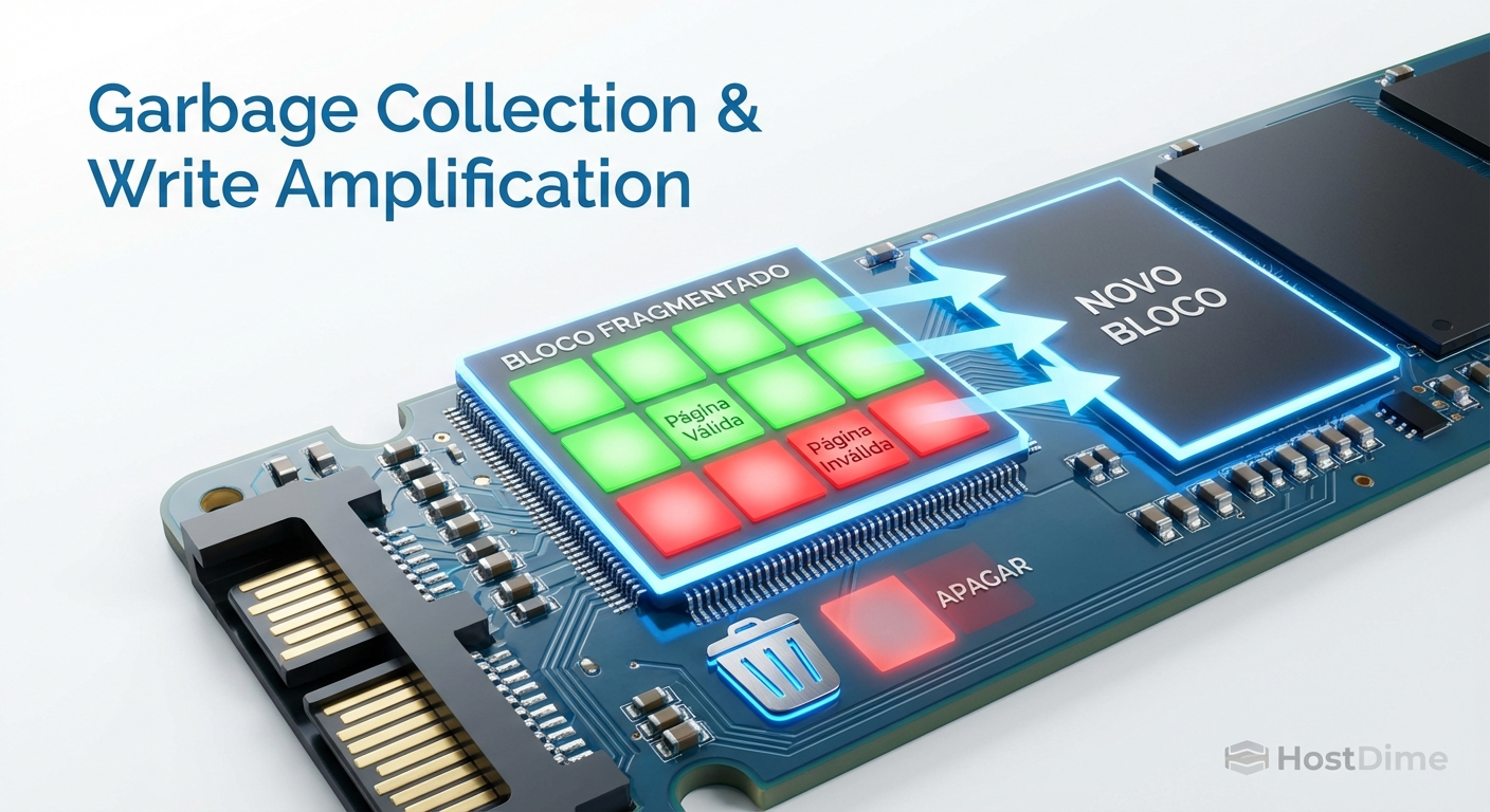 Diagrama ilustrando o processo de Garbage Collection e a origem da amplificação de escrita em SSDs.