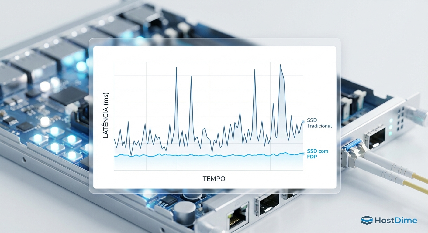Gráfico de latência de cauda demonstrando a estabilidade do FDP sob cargas de trabalho intensas em comparação com SSDs tradicionais.
