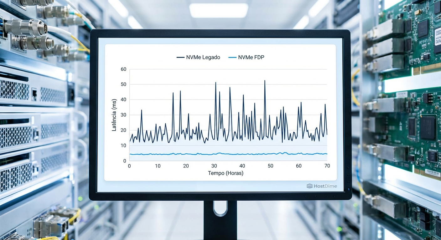 Comparativo de estabilidade de latência: NVMe Legado (com picos) vs FDP (estável).