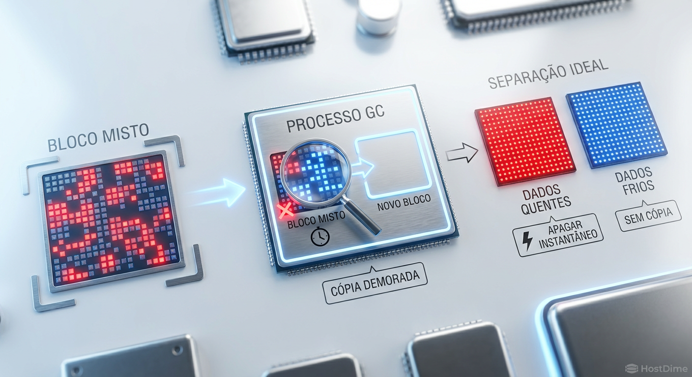 Visualização do impacto do Garbage Collection em blocos mistos versus blocos segregados.