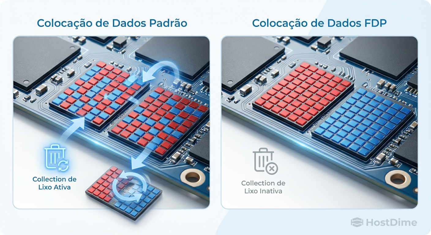Comparação visual: O caos da alocação padrão versus a segregação organizada do FDP.