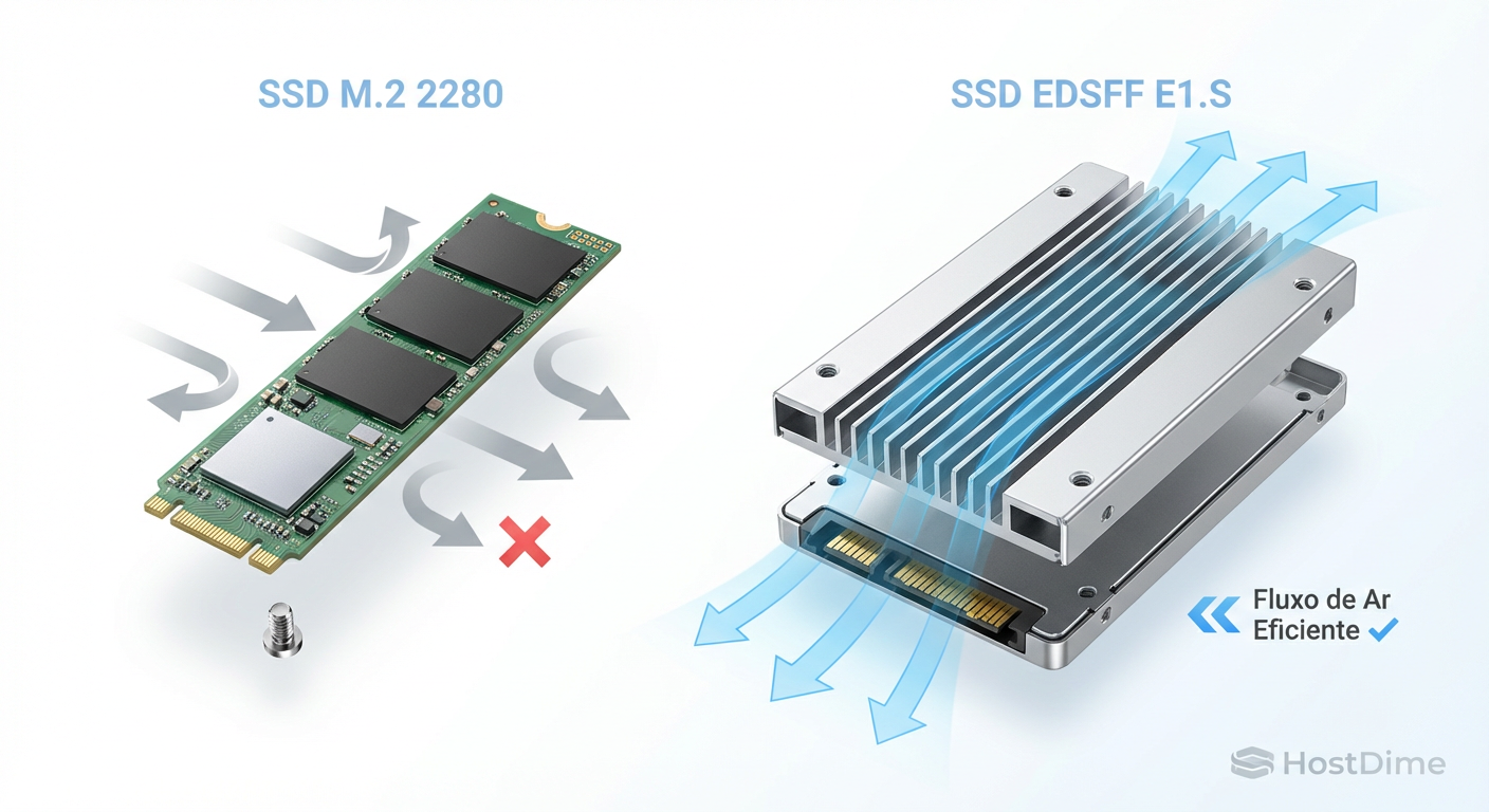 Comparativo estrutural: enquanto o M.2 (esquerda) expõe componentes sensíveis e dificulta a refrigeração, o E1.S (direita) integra o chassi ao sistema de dissipação térmica.