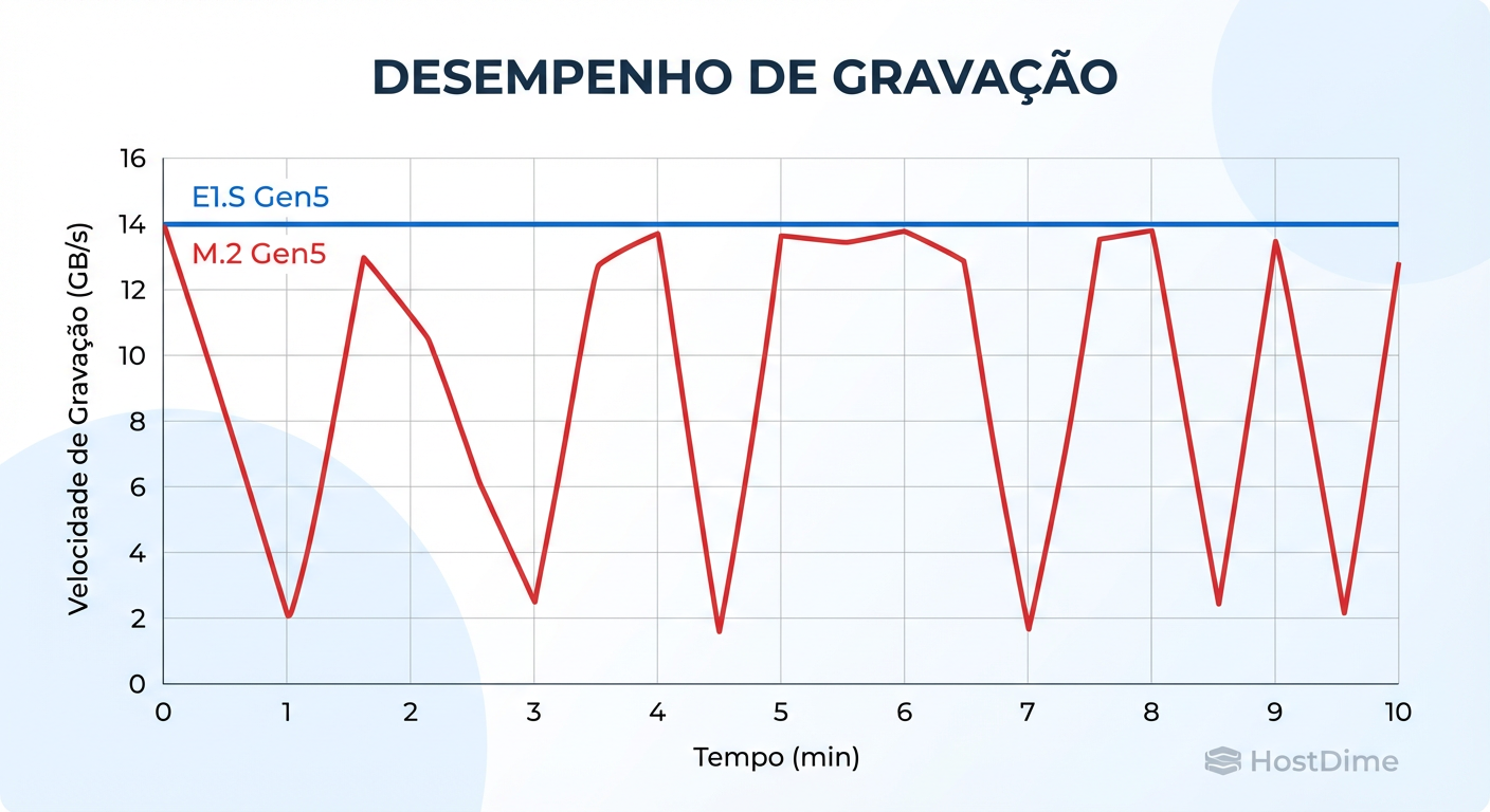Comportamento sob estresse: a linha vermelha mostra a instabilidade do M.2 devido ao throttling térmico, enquanto a linha azul demonstra a consistência do E1.S.
