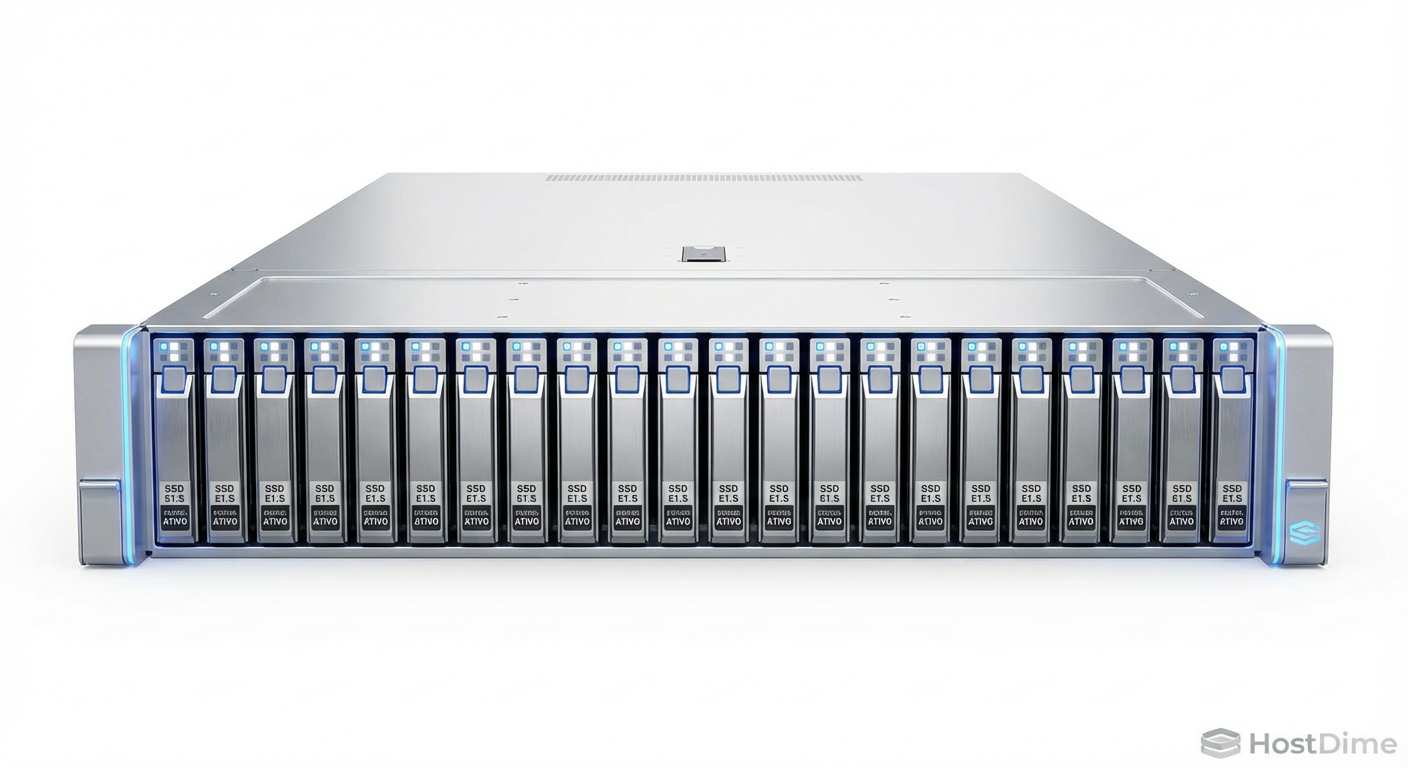 Densidade extrema: servidores modernos utilizam o formato E1.S para alocar dezenas de drives de alta performance em apenas 1U de altura, algo impossível com M.2.