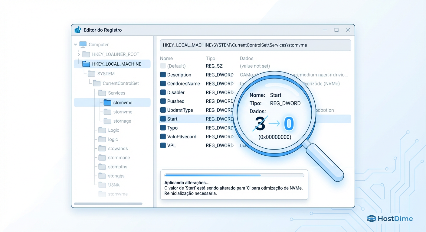 O Gatilho do Boot: Alterar o valor 'Start' para 0 força o kernel a carregar o driver stornvme.sys no estágio inicial do boot.