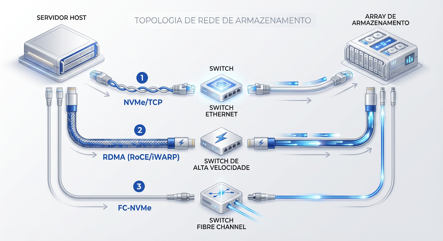 Opções de Transporte (Fabrics): Flexibilidade para usar Ethernet padrão, RDMA ou Fibre Channel.