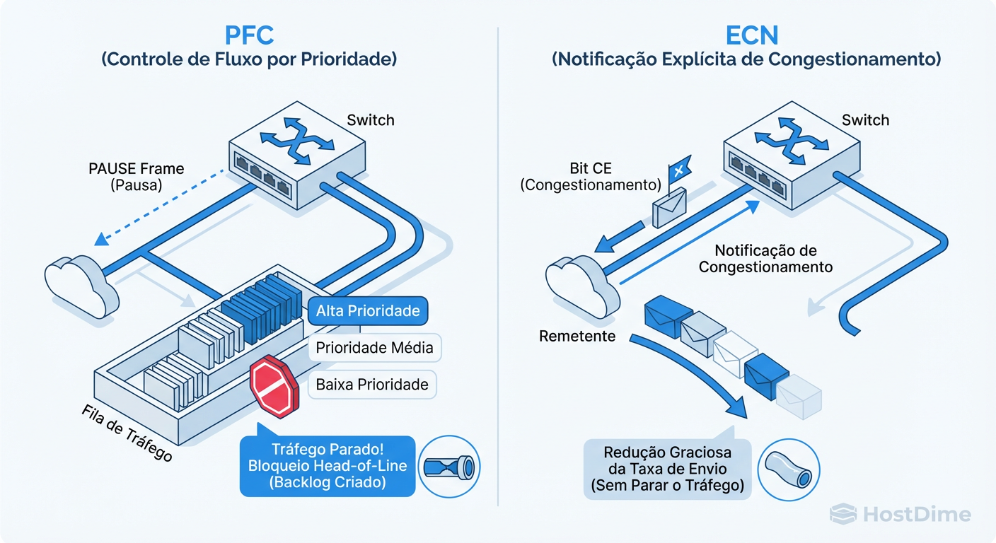 PFC vs. ECN: A diferença entre parar o tráfego brutalmente (PFC) e sinalizar congestionamento suavemente (ECN) em redes Ethernet 100GbE.