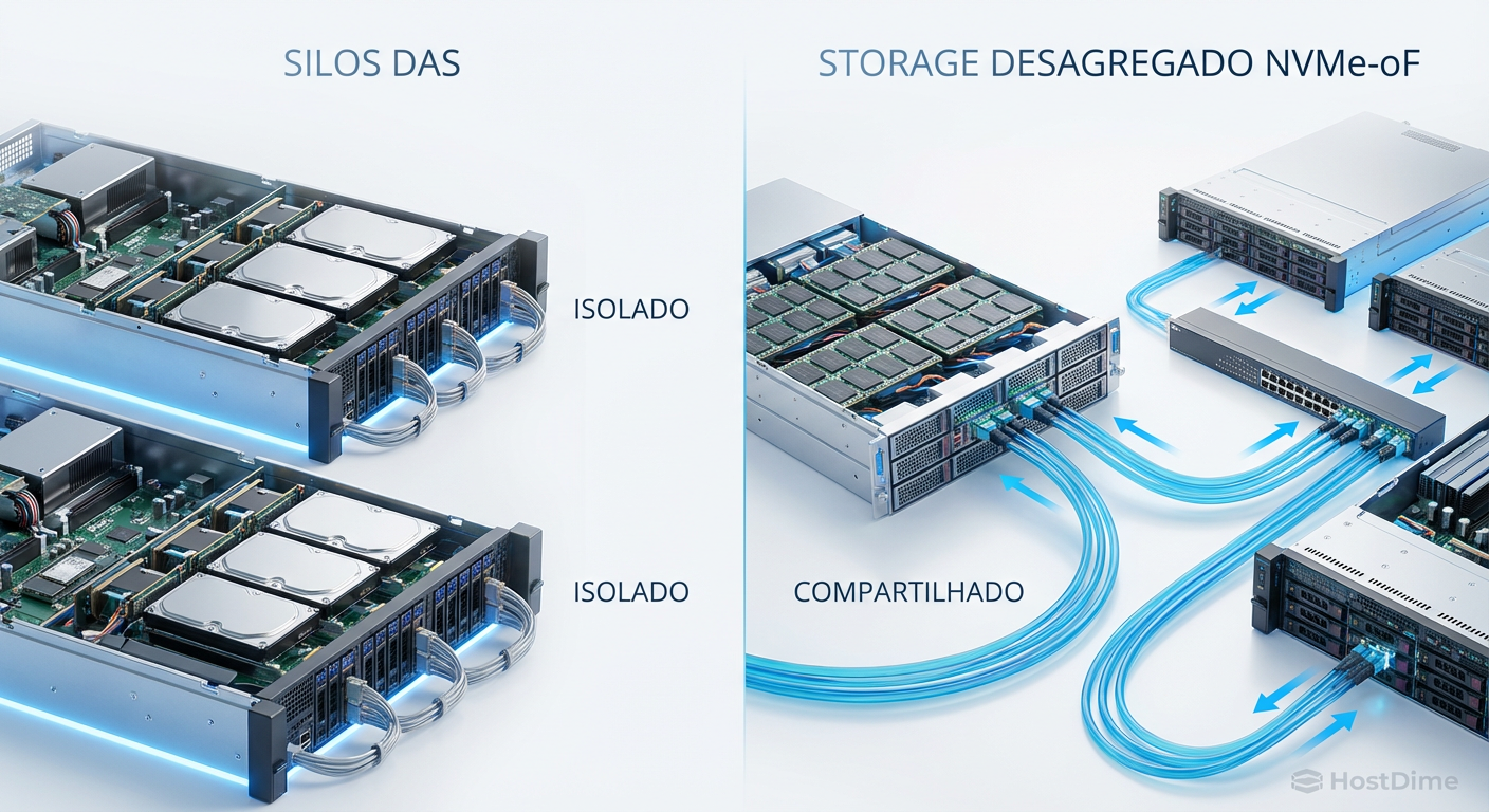 Comparativo arquitetural: A rigidez dos silos DAS versus a flexibilidade e escalabilidade do armazenamento desagregado via NVMe-oF.