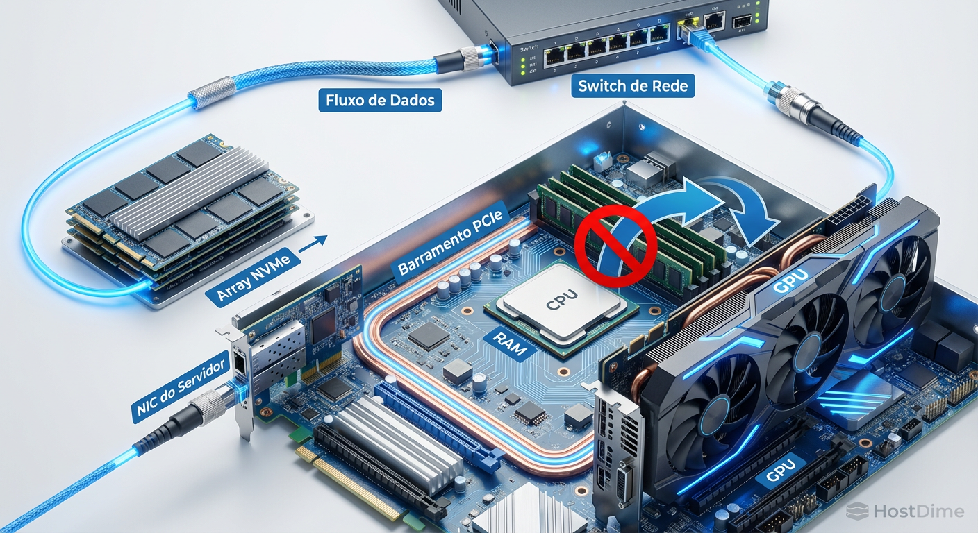 O caminho crítico: GPUDirect Storage cria uma via expressa entre o armazenamento e a GPU, ignorando completamente a CPU e a memória do sistema.