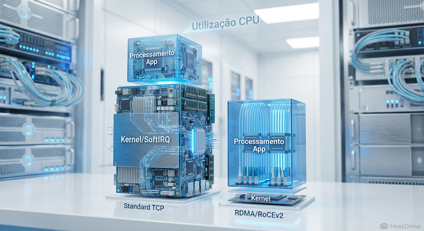 Gráfico de decomposição de uso de CPU: Note como o RDMA elimina quase totalmente a camada de processamento do Kernel (SoftIRQ).