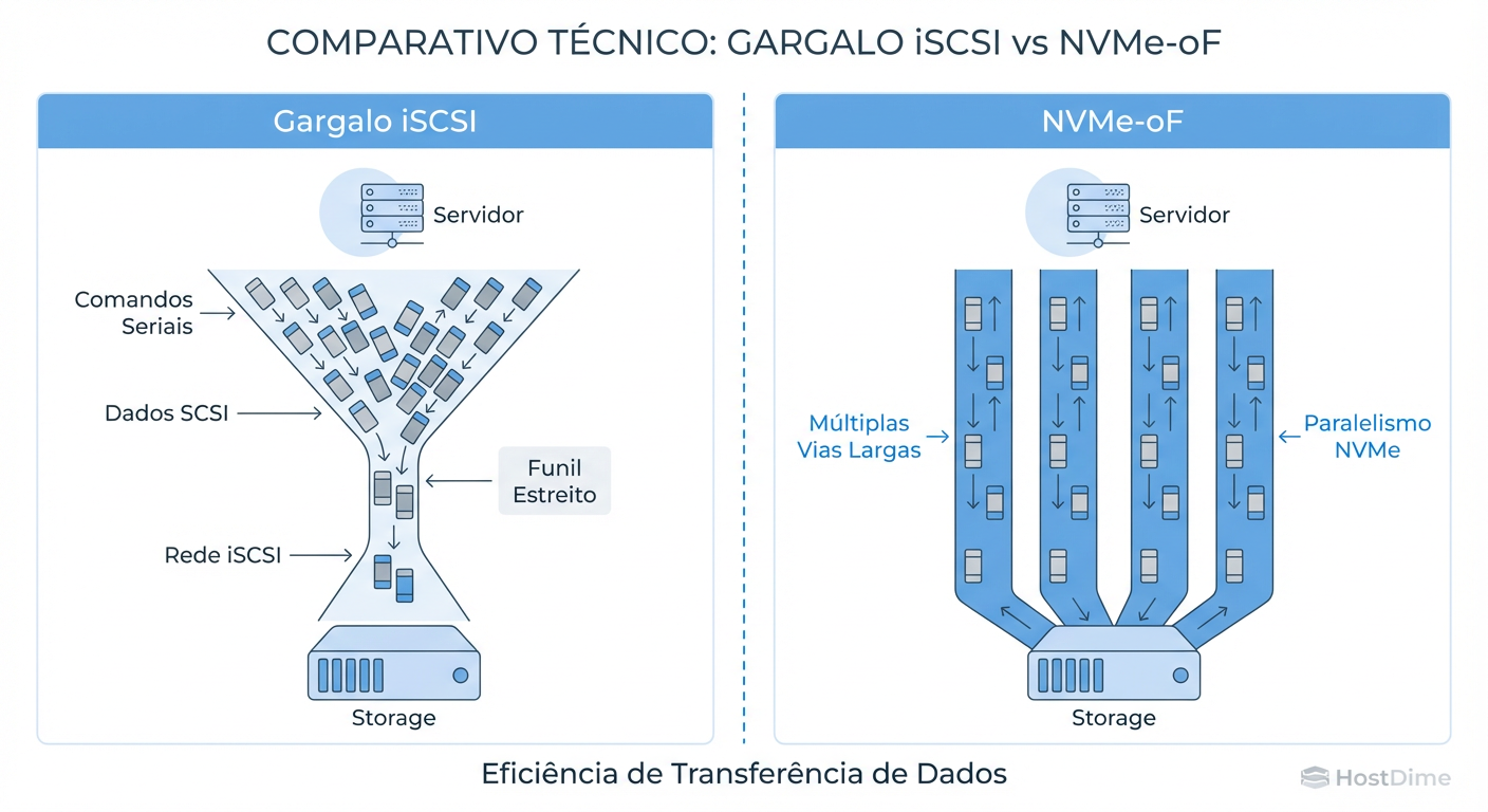 Comparação visual entre o afunilamento do protocolo SCSI legado e o paralelismo massivo do NVMe.