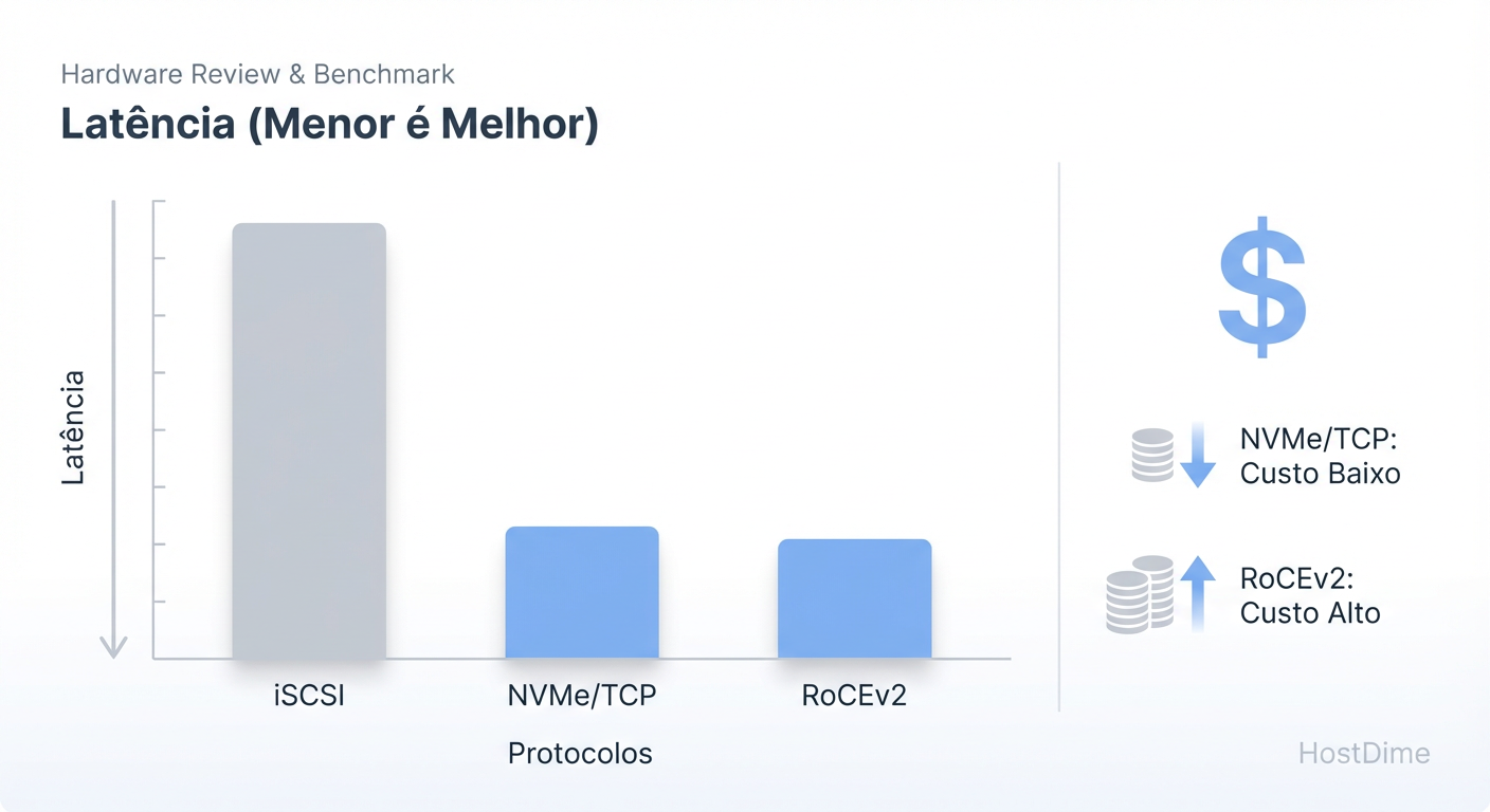 Comparativo de latência e custo entre os protocolos, destacando o equilíbrio do NVMe/TCP.