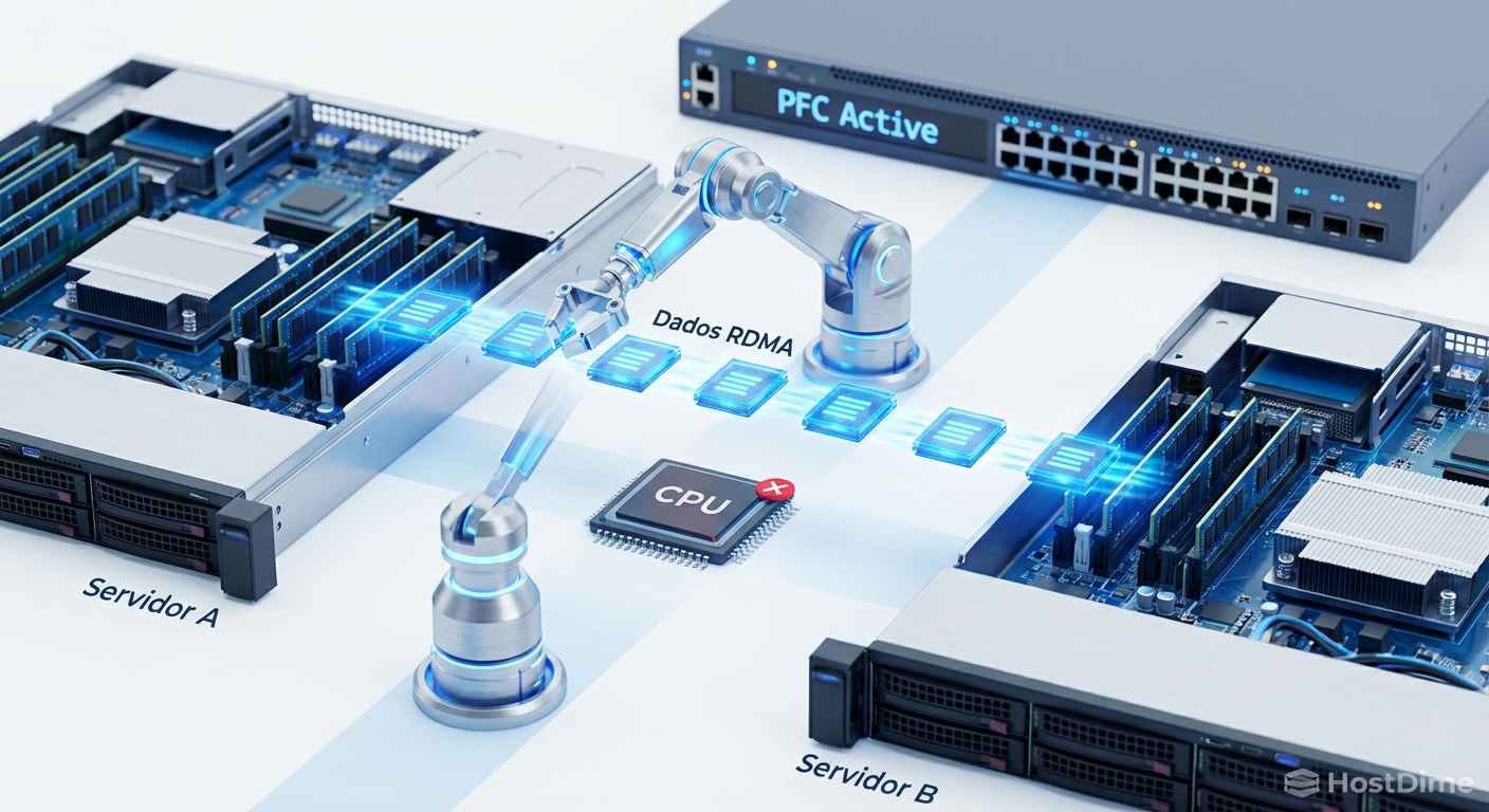 O mecanismo de acesso direto à memória do RoCEv2 e a dependência de controle de fluxo no switch.