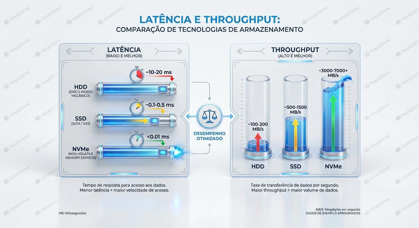 Latência e Throughput comparados entre diferentes tecnologias de armazenamento.