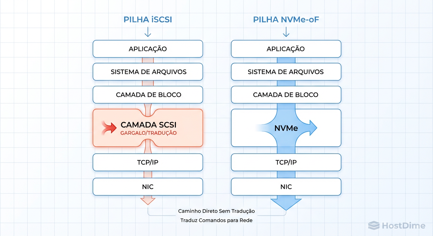 A Taxa de Tradução: O iSCSI obriga o sistema a converter comandos modernos em linguagem de 1980. O NVMe-oF fala a língua nativa do Flash.