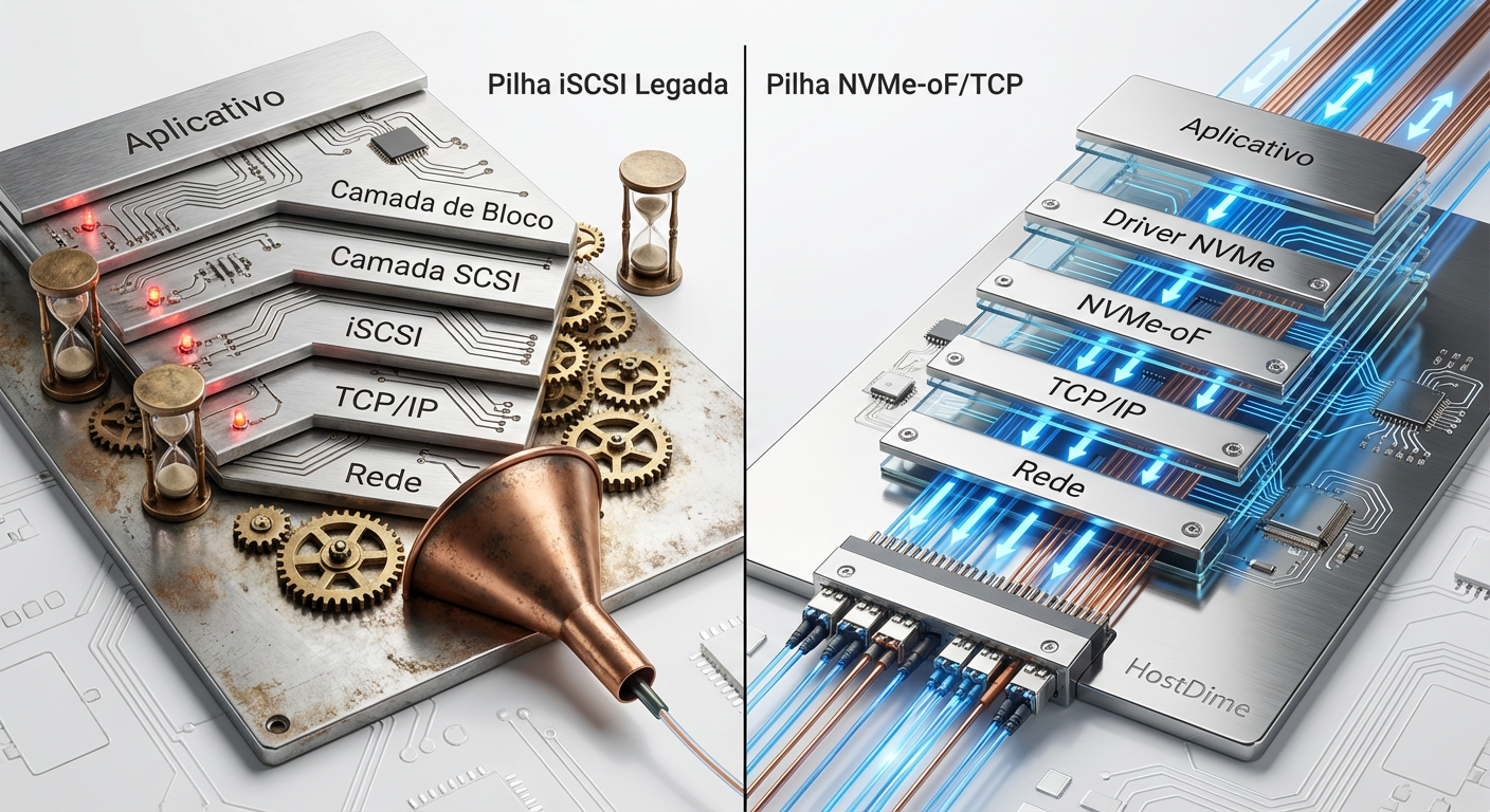 Comparação da Pilha de Protocolos: A complexidade da tradução SCSI vs a eficiência direta do NVMe.