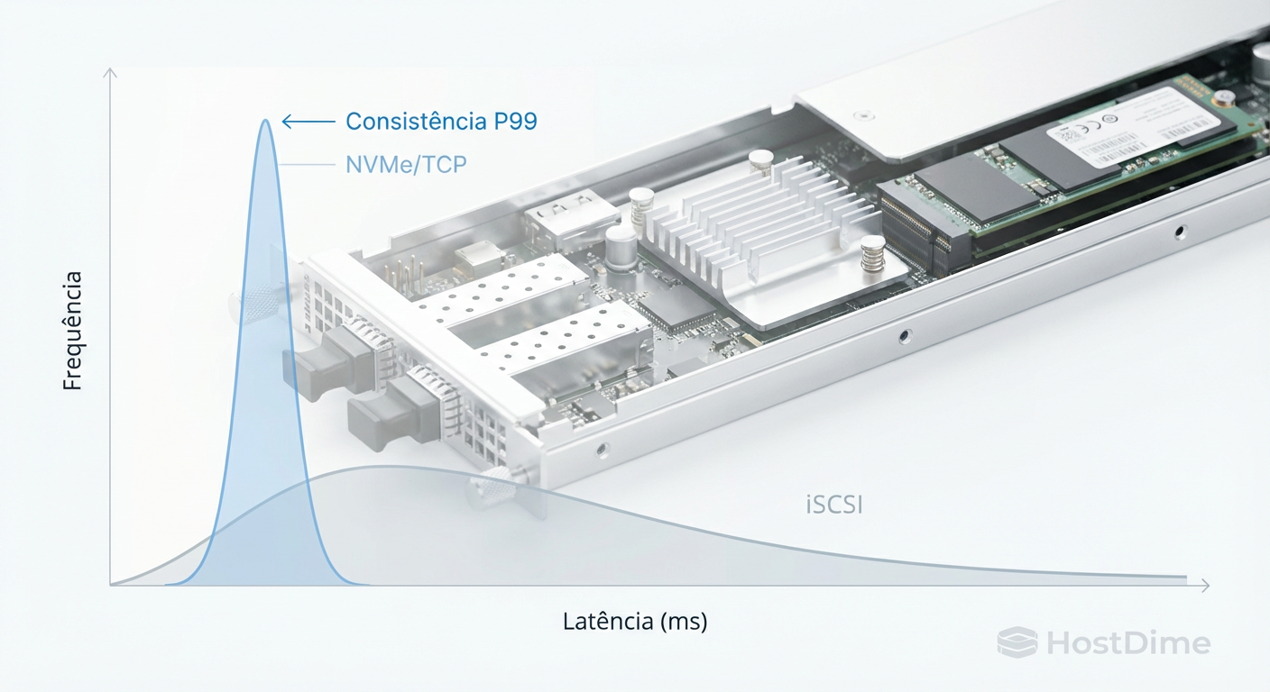 Histograma de Latência: A consistência do NVMe/TCP (curva estreita) versus a imprevisibilidade do iSCSI (cauda longa).