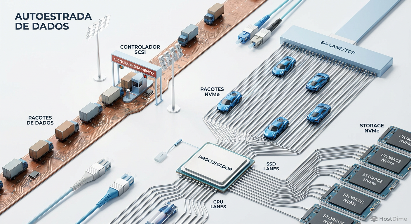 Visualização do Paralelismo: O gargalo da fila única do SCSI versus as múltiplas filas de I/O do NVMe.