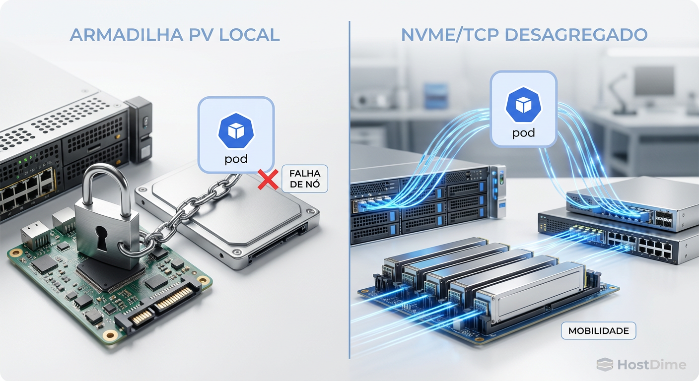 Comparativo visual: A rigidez dos Volumes Locais vs. a mobilidade da arquitetura Desagregada com NVMe/TCP.