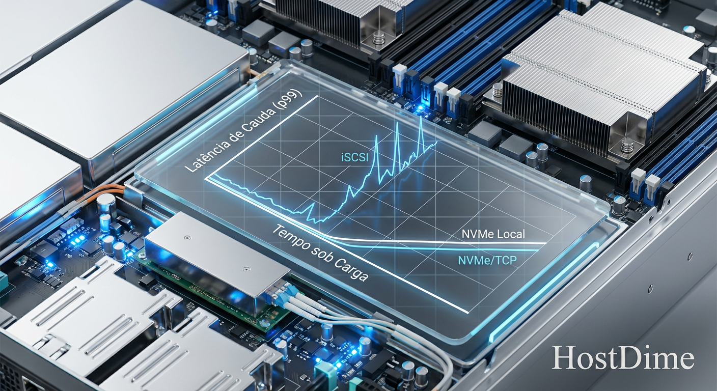 Gráfico de Latência de Cauda (p99): A estabilidade do NVMe/TCP próxima ao disco local, contrastando com a instabilidade do iSCSI sob carga.