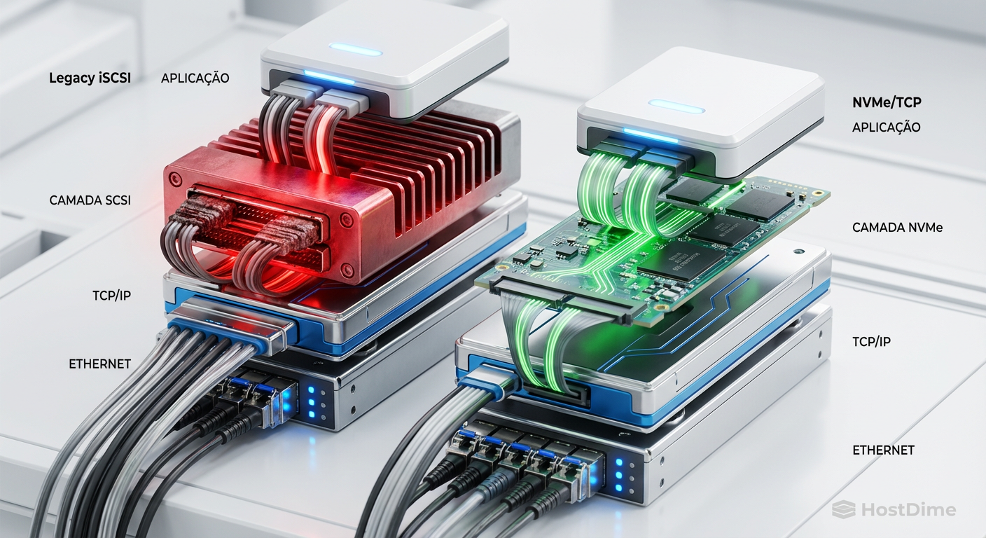 Comparação da pilha de protocolos: A eliminação da camada de tradução SCSI no NVMe/TCP reduz drasticamente o overhead de CPU.