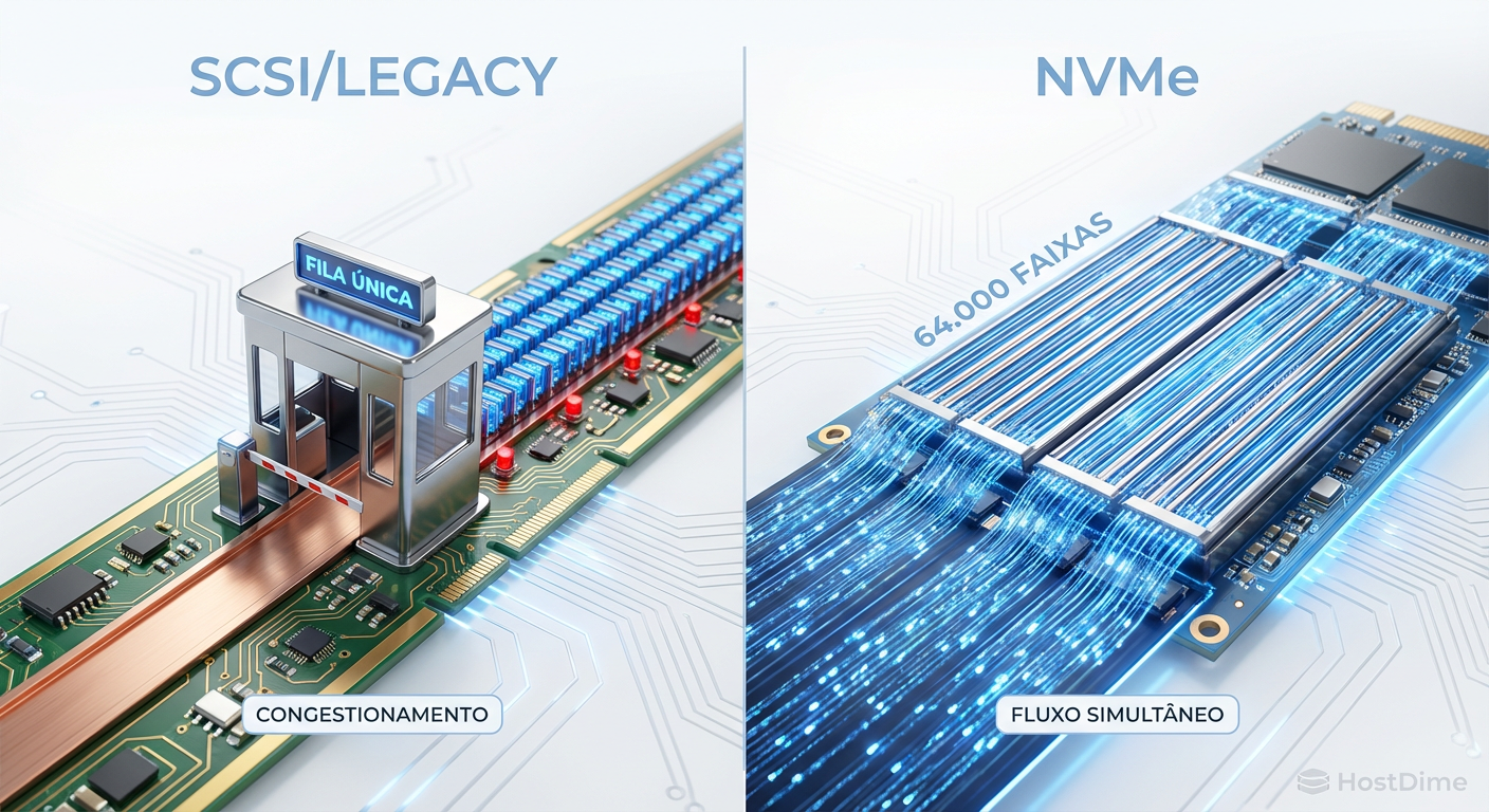 Comparativo visual de filas: O gargalo da fila única do SCSI versus o paralelismo massivo das filas NVMe.