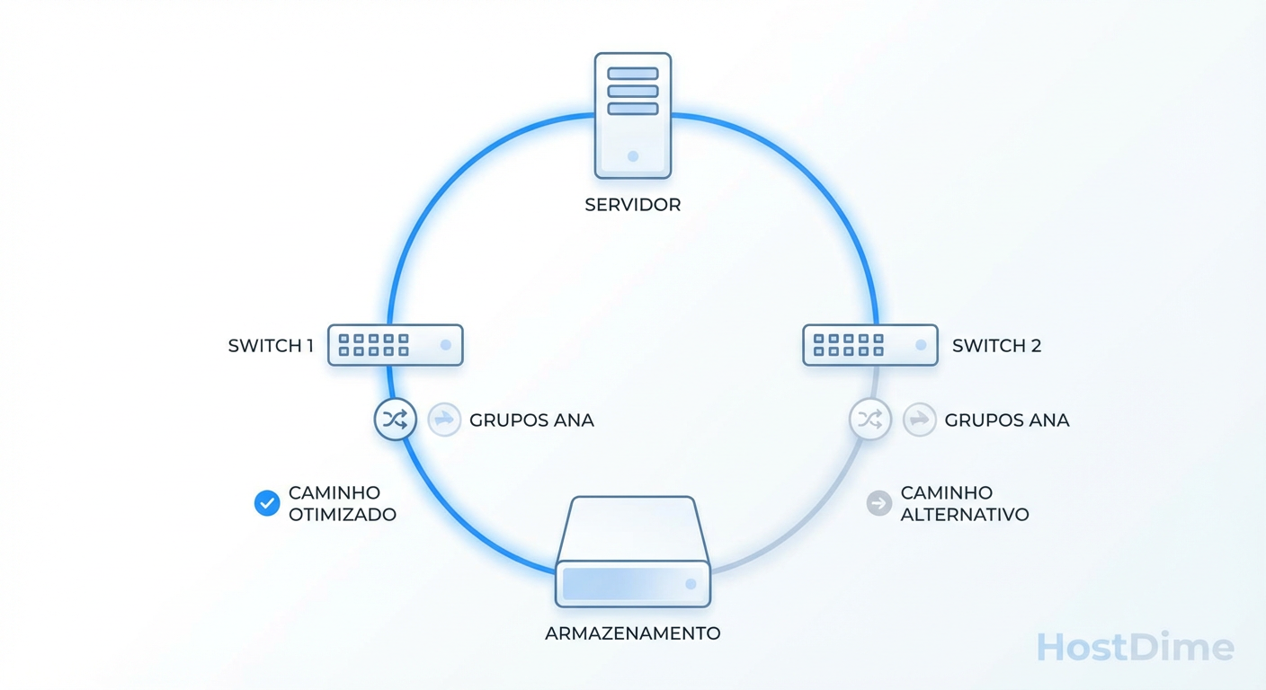 Topologia de Multipath com ANA: O host identifica dinamicamente os caminhos otimizados para cada Namespace NVMe.