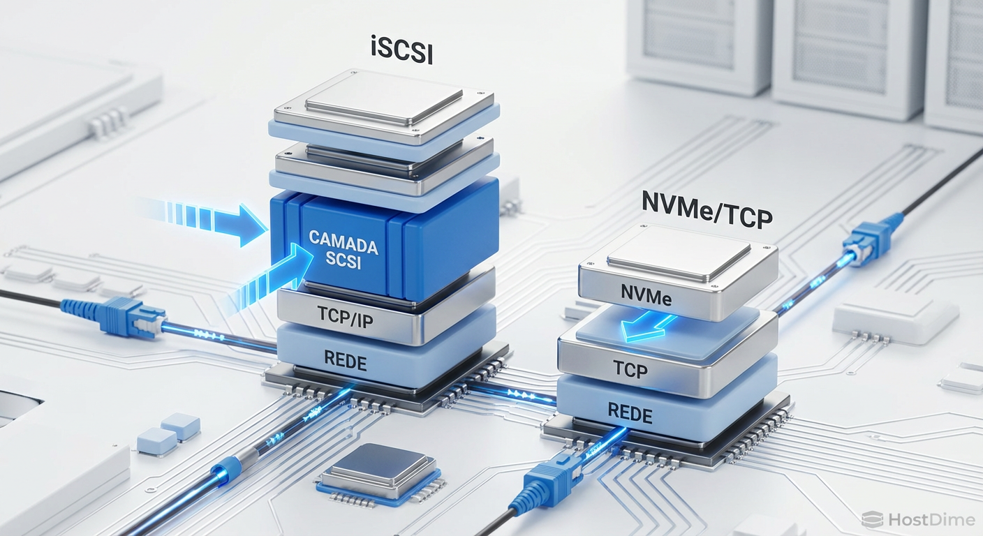 Comparativo de pilhas de protocolo: a complexidade do iSCSI versus a eficiência direta do NVMe over TCP.