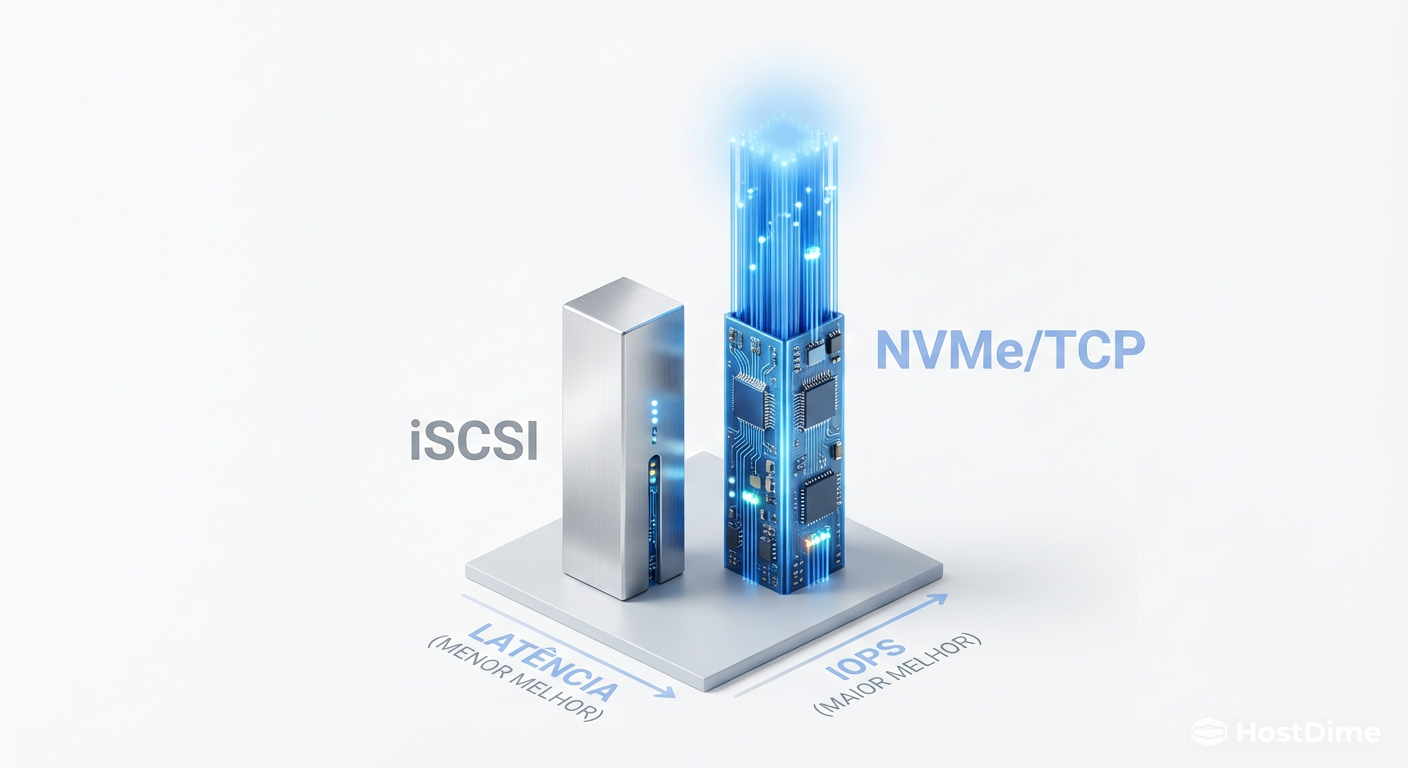 Gráfico de performance: NVMe over TCP esmagando a latência do iSCSI em testes de laboratório.