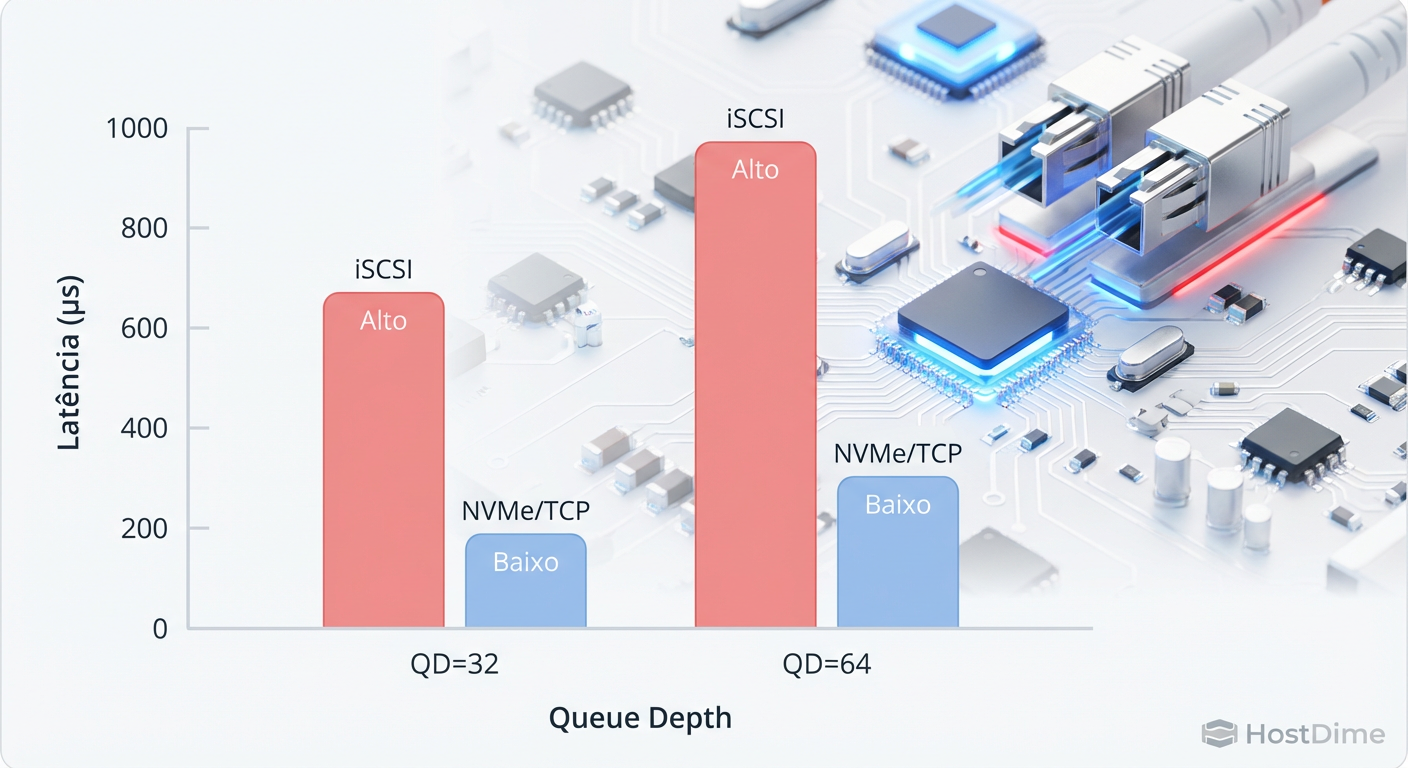 Fig. 3: Validação de Performance. A vantagem do NVMe/TCP se amplia conforme a carga de trabalho (Queue Depth) aumenta.