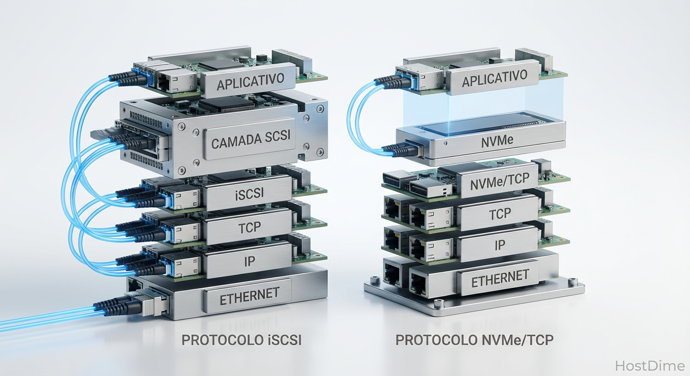 A pilha de protocolos simplificada: Note a ausência da camada de tradução SCSI no modelo NVMe/TCP.