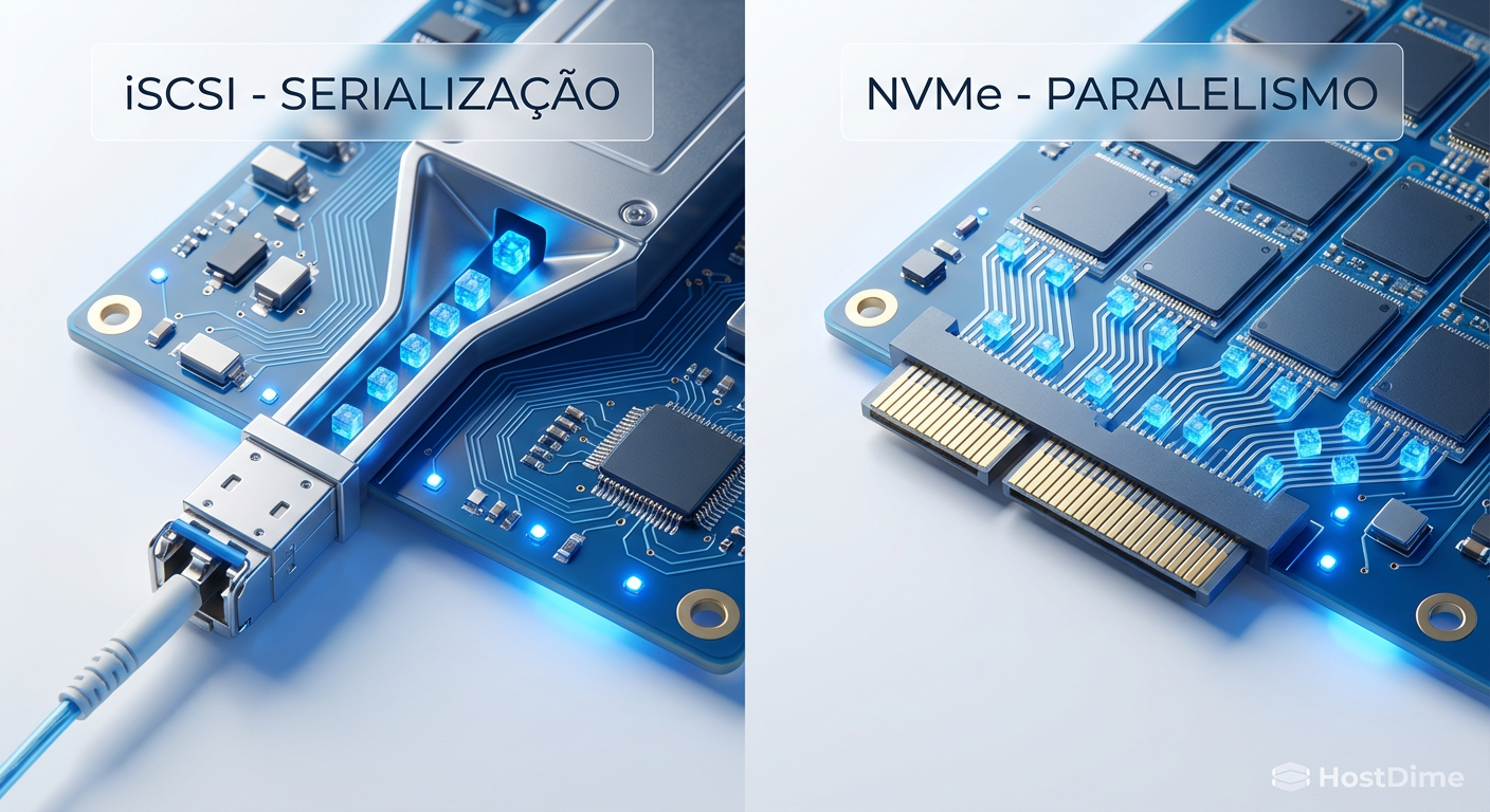 Comparação visual: O gargalo da fila única do SCSI versus o paralelismo massivo das filas NVMe.