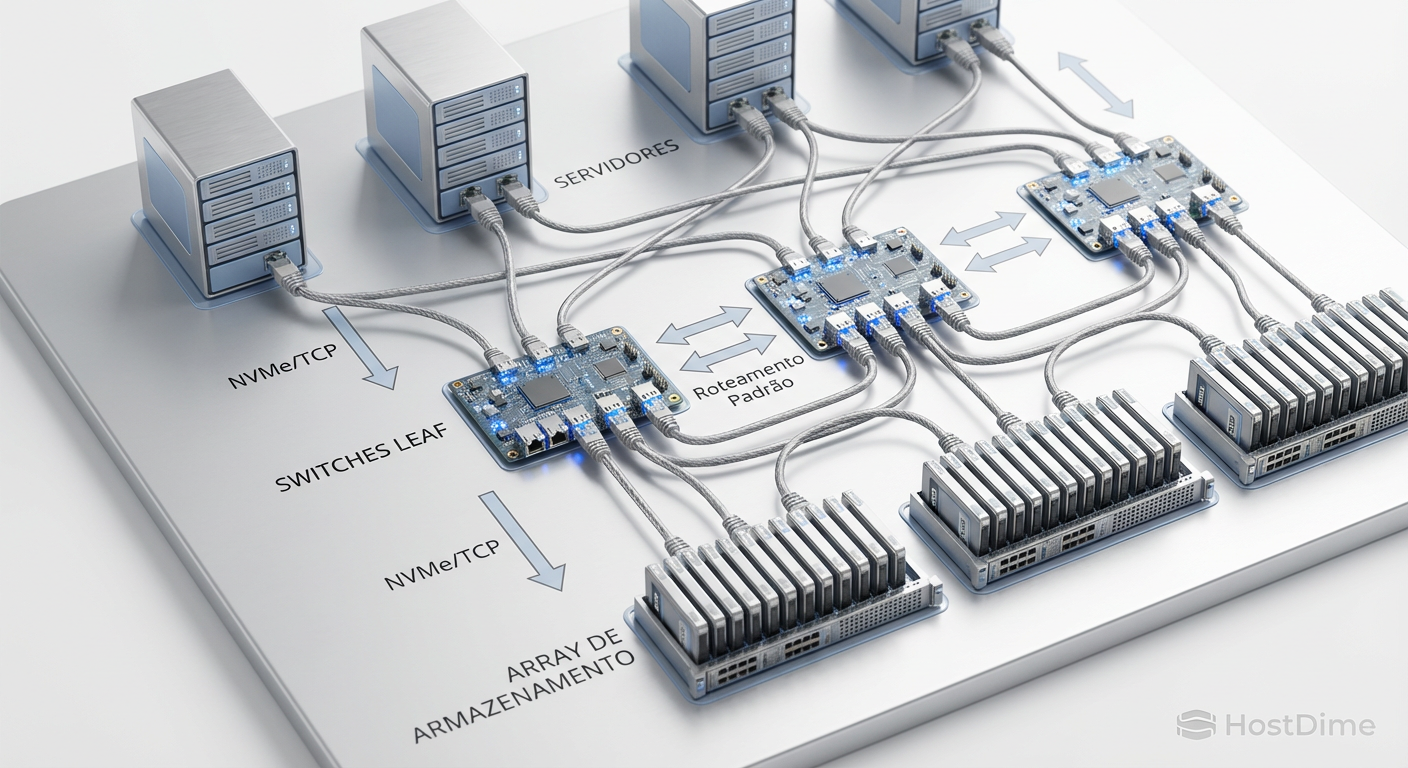 Topologia Leaf-Spine padrão suportando NVMe/TCP: Roteamento L3 completo sem hardware proprietário.