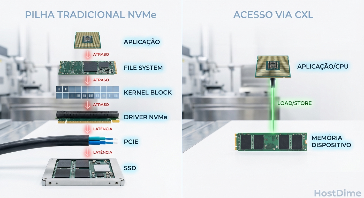 A anatomia do overhead: Enquanto o NVMe tradicional exige uma maratona pelo kernel, o CXL permite acesso direto via semântica de memória.