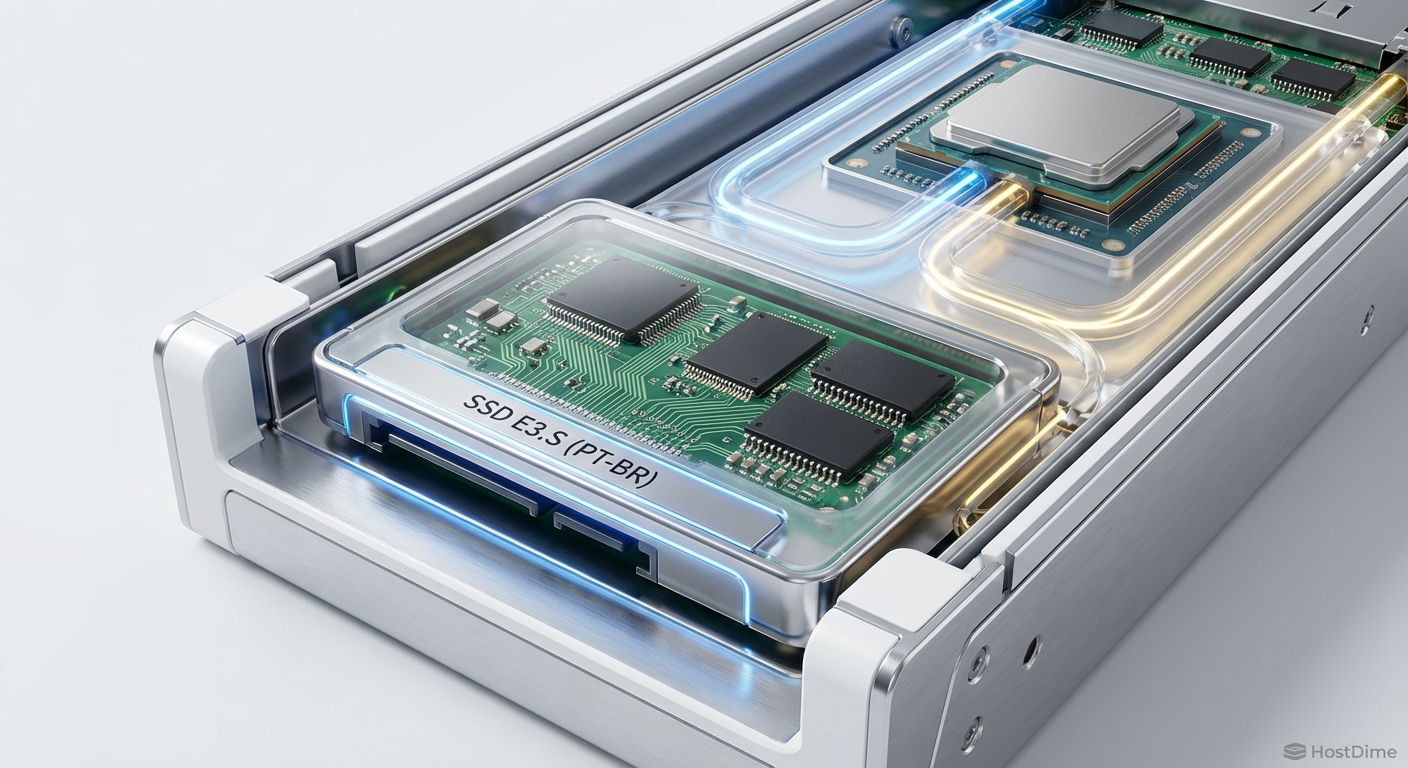 O hardware híbrido: Dispositivos E3.S ou E1.S utilizando CXL combinam a persistência do Flash com a acessibilidade de byte da DRAM.