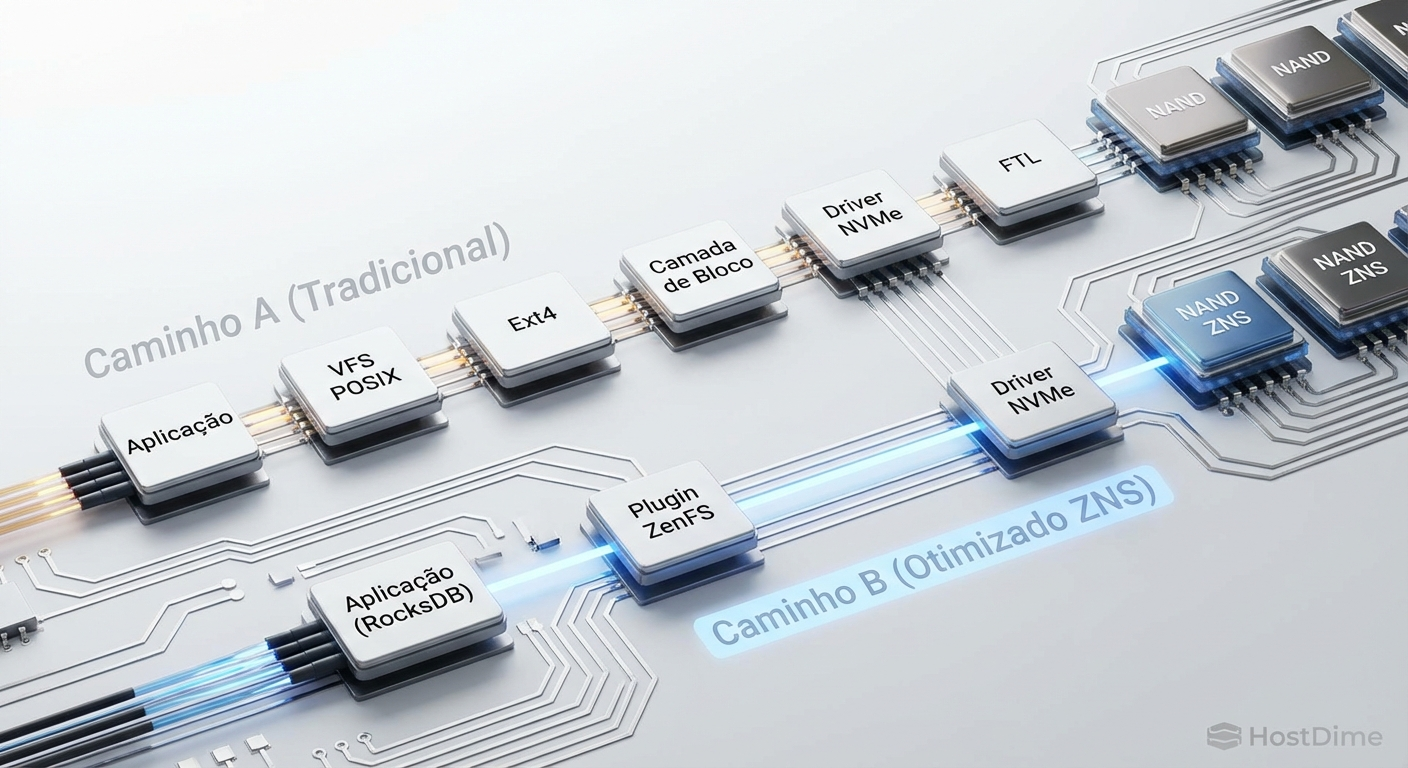 Bypass da stack de armazenamento: RocksDB com ZenFS comunicando-se diretamente com o NVMe ZNS.